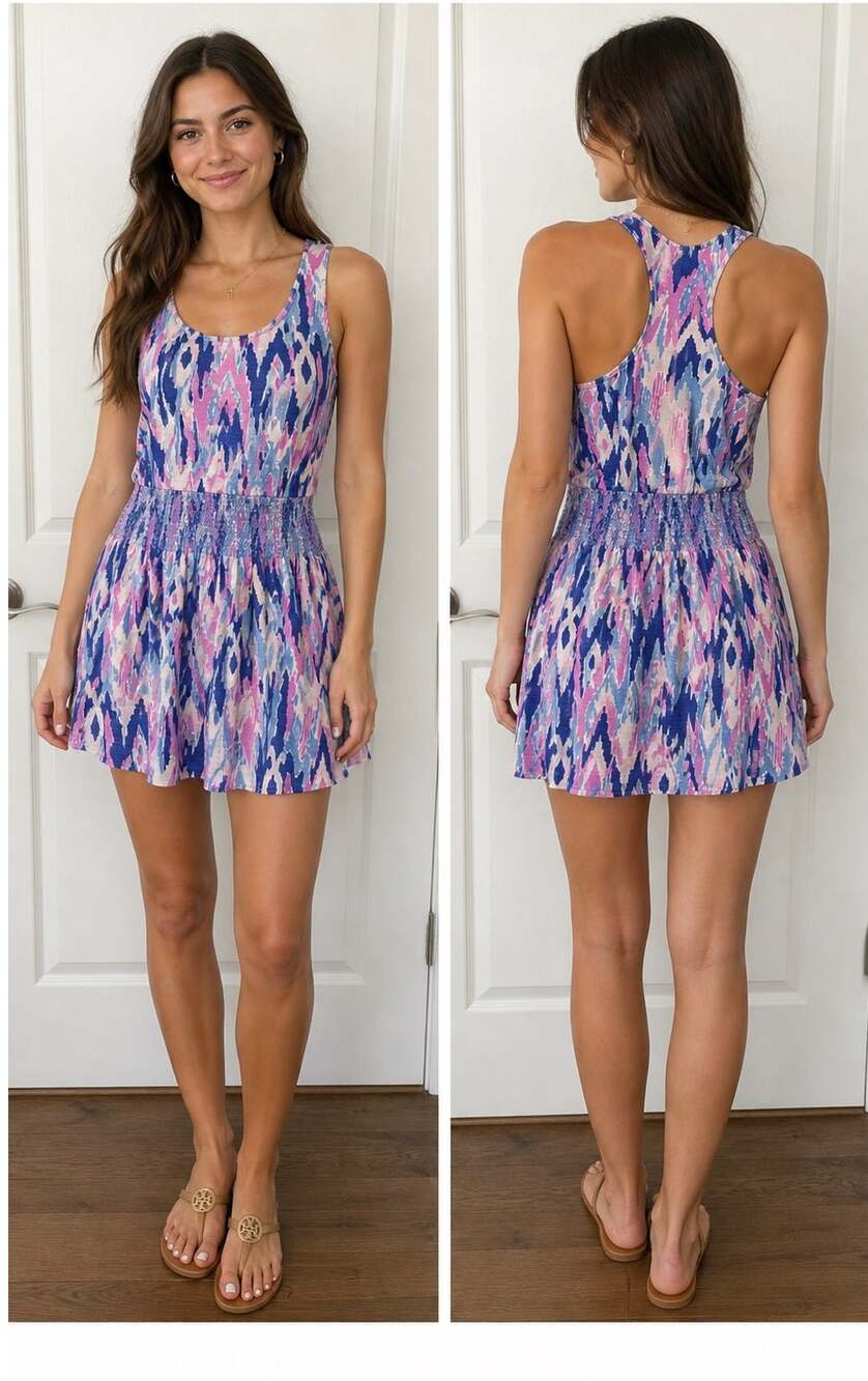 Lilly Pulitzer XS Cotton Racerback Mini Dress Pink Blue Print